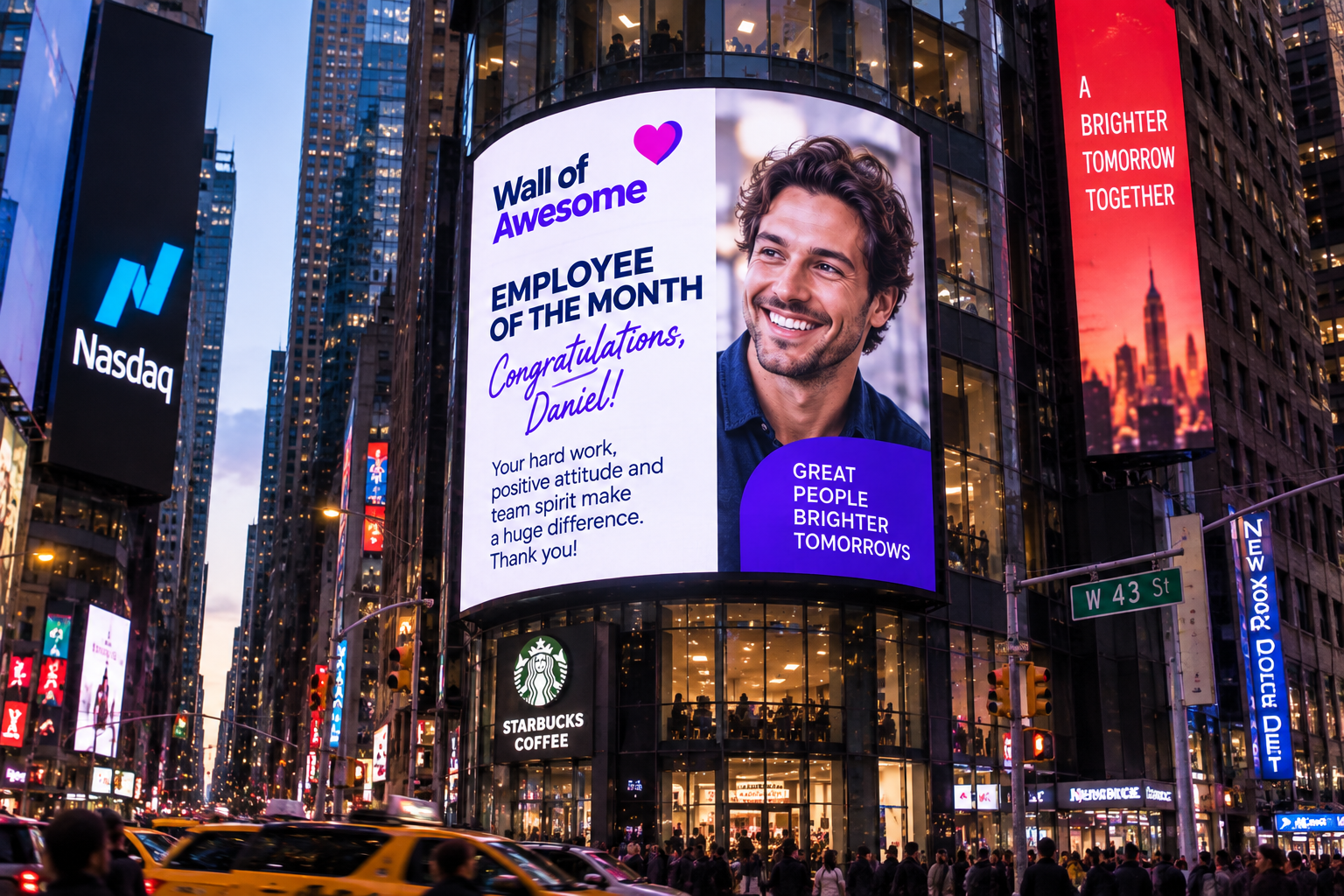 Wall of Awesome employee of the month billboard in Times Square