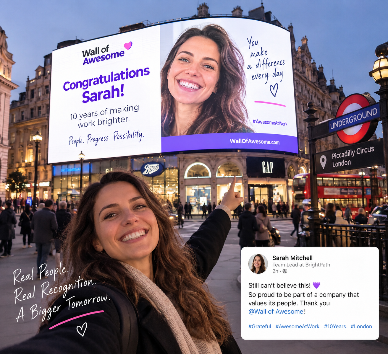 Wall of Awesome congratulations billboard in Piccadilly Circus